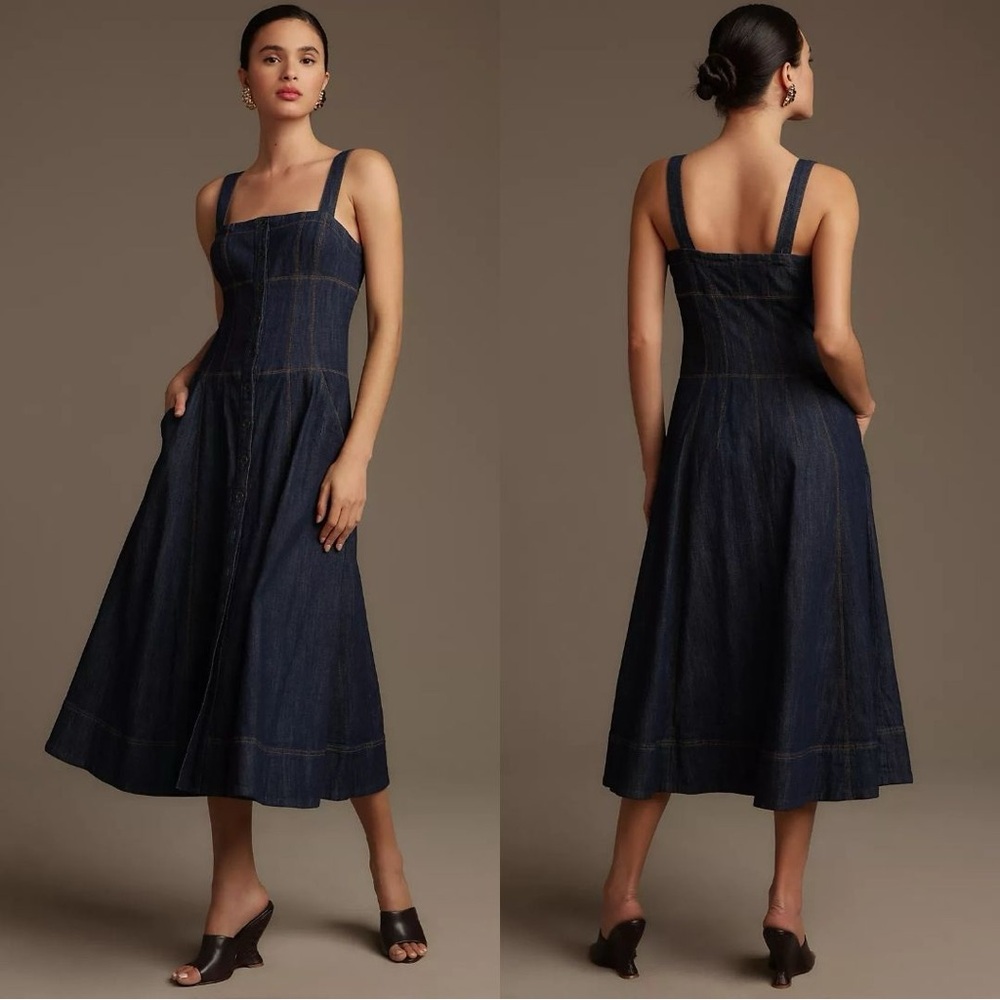 Maeve Square-Neck Buttondown Corset Denim Midi Dress